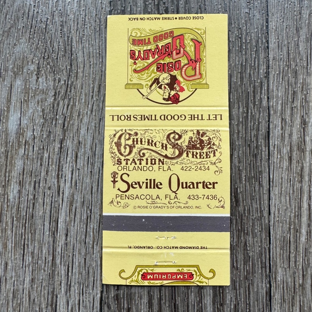 Rosie O'Grady's Matchbook Cover Vintage Orlando Florida Church Street Station